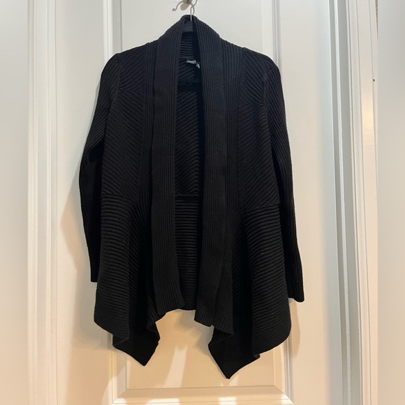 White House Black Market Black Open Front Cardigan Sweater LP Asymmetric Hem - Picture 1 of 5